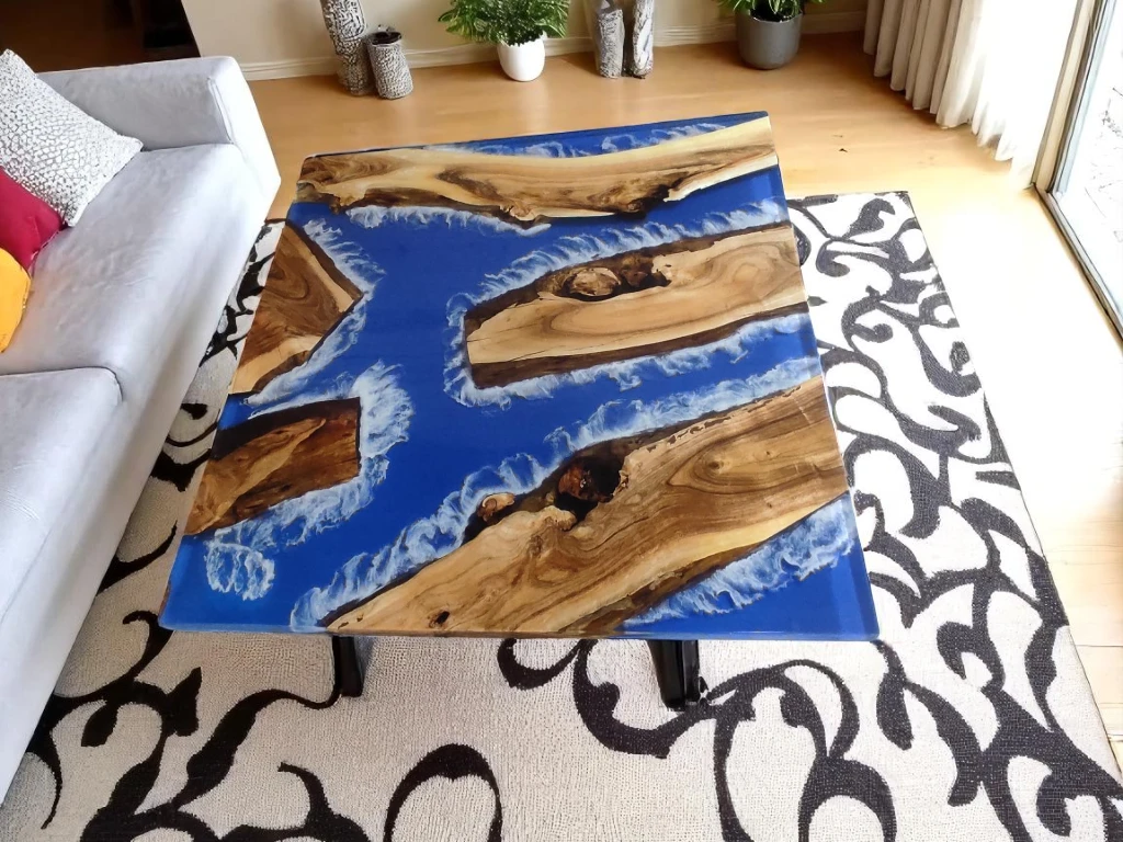 Square Sofa Table with Blue Resin River – Custom Wood Design